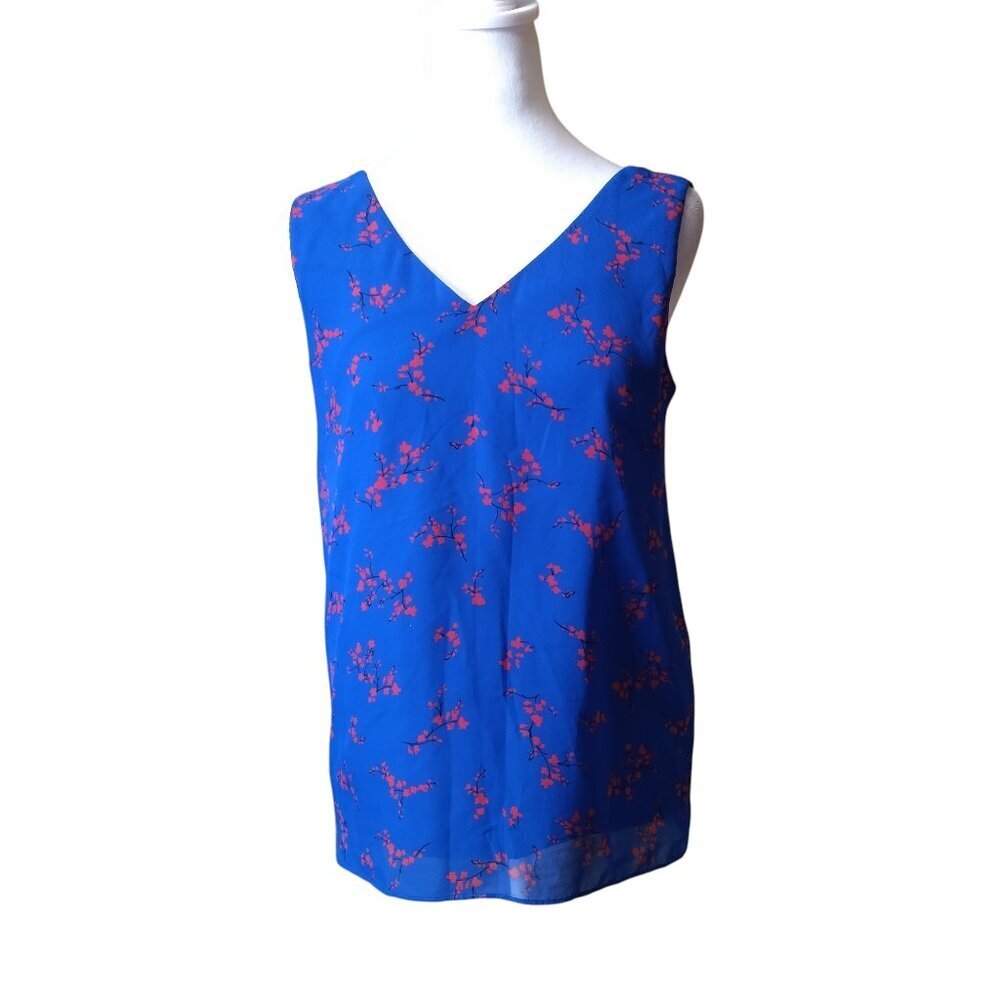 Ann Taylor Factory Size XS Blue Floral V-Neck Sleeveless Tank Blouse Lined